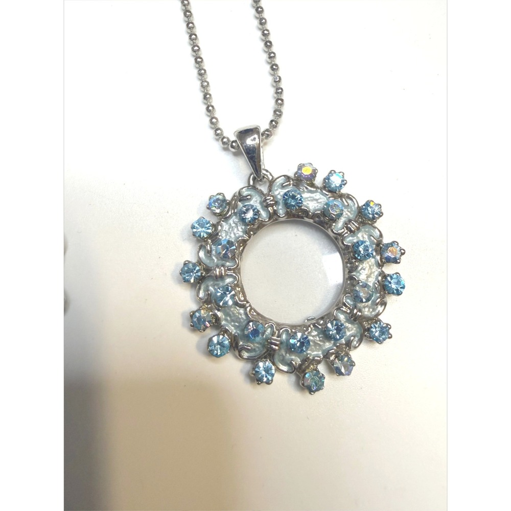 Silver Tone Blue Rhinestone Sunburst Circle Pendant Ball Chain‎ Necklace 16-19in